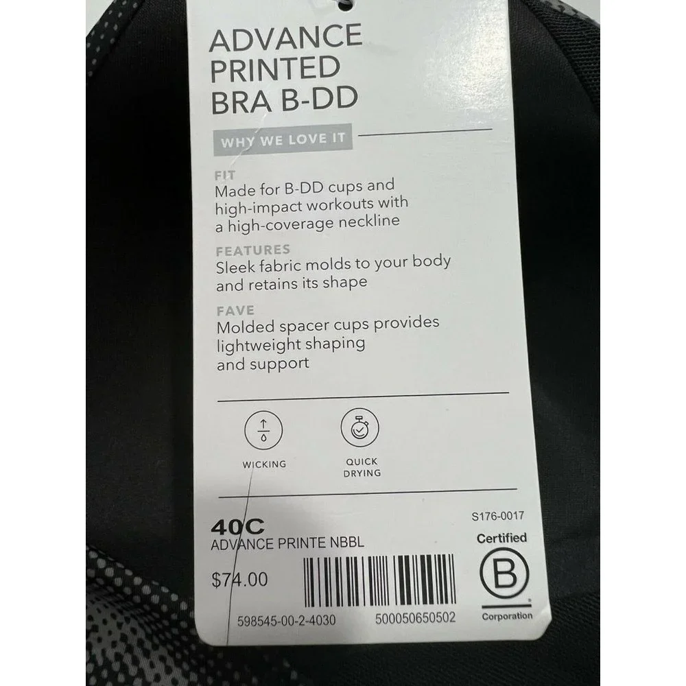 NWT ATHLETA Printed Advance Bra B-DD Sz 40C Black Gray Adjustable Straps - Picture 3 of 5
